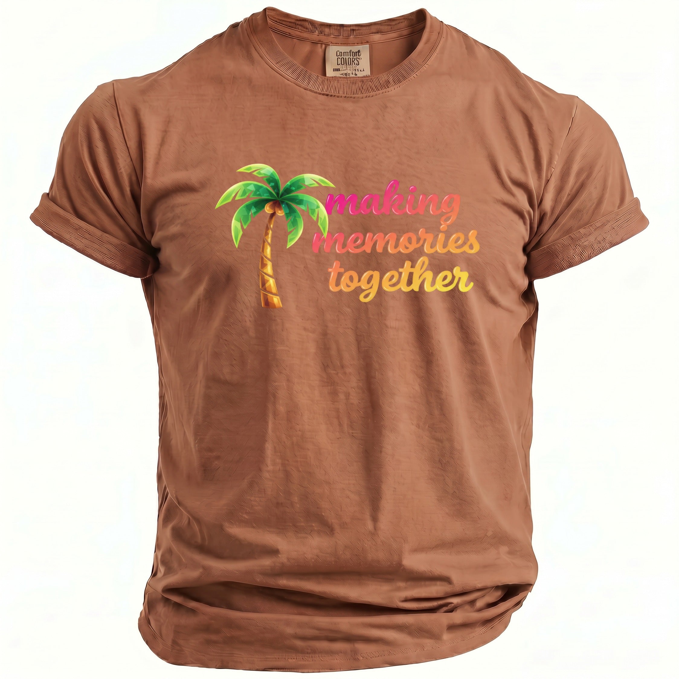 Brown t-shirt with a palm tree and "making memories together" text.