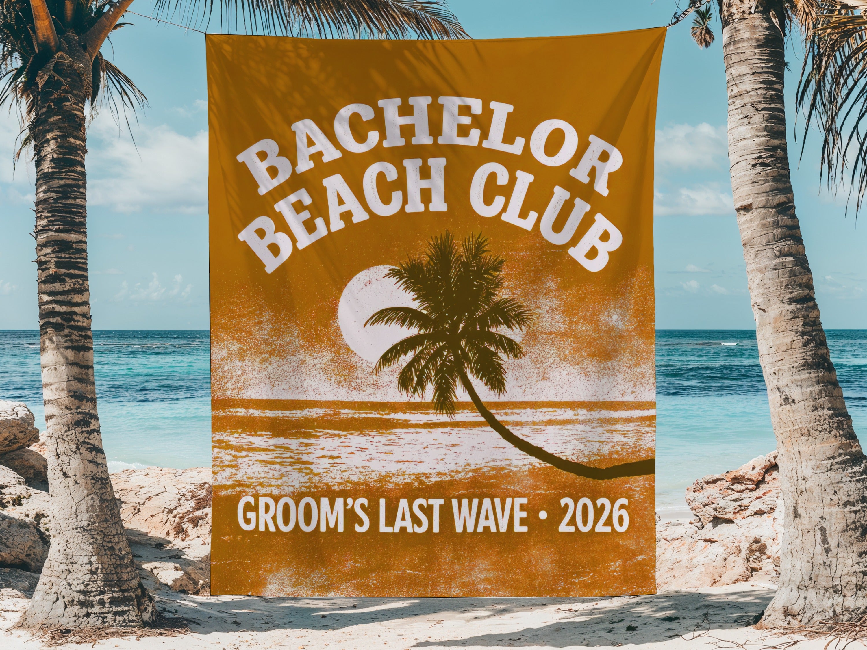 Orange banner with "BACHELOR BEACH CLUB GROOM'S LAST WAVE 2026" text and beach graphic.