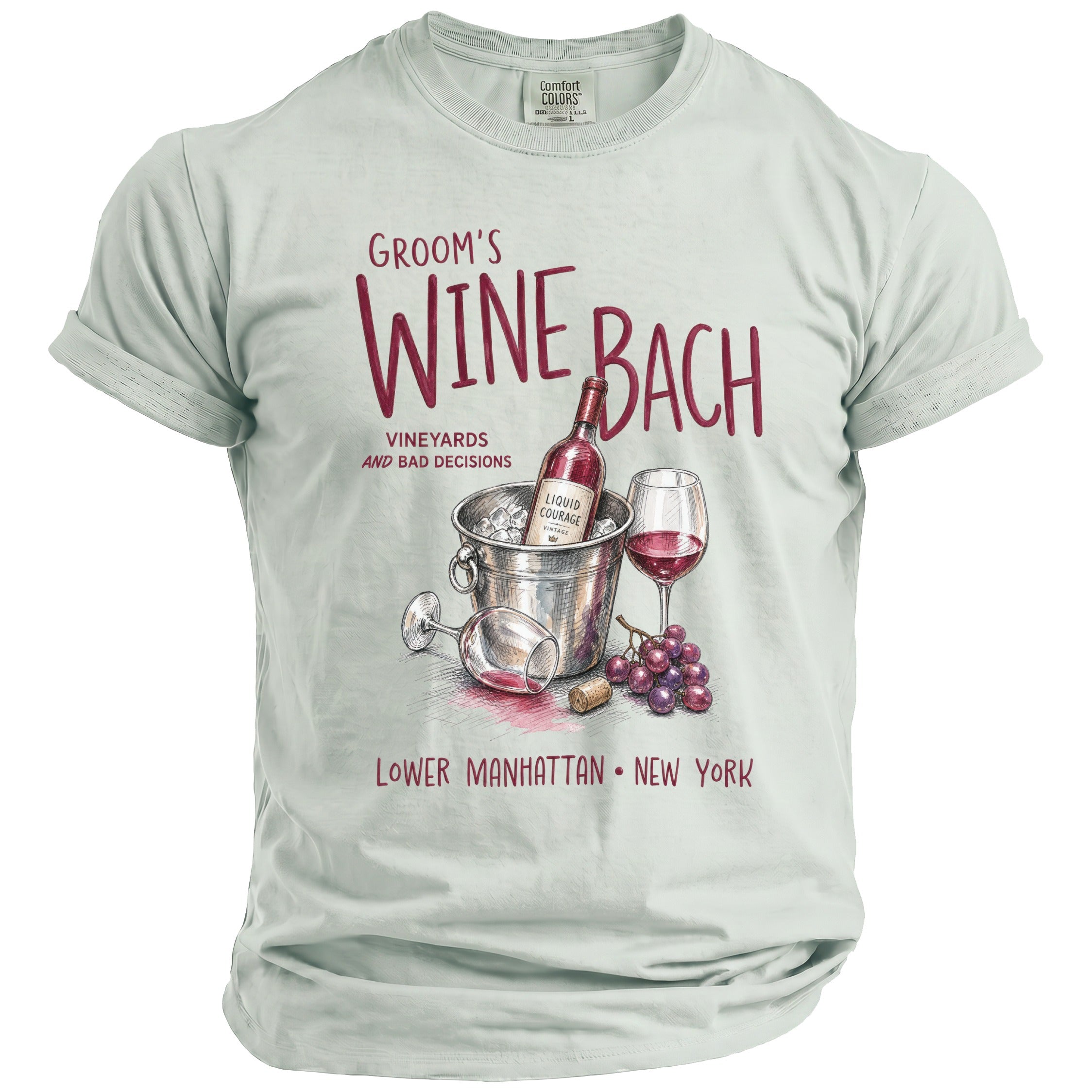 Light blue t-shirt with "Groom's Wine Bach" and wine-themed graphic.