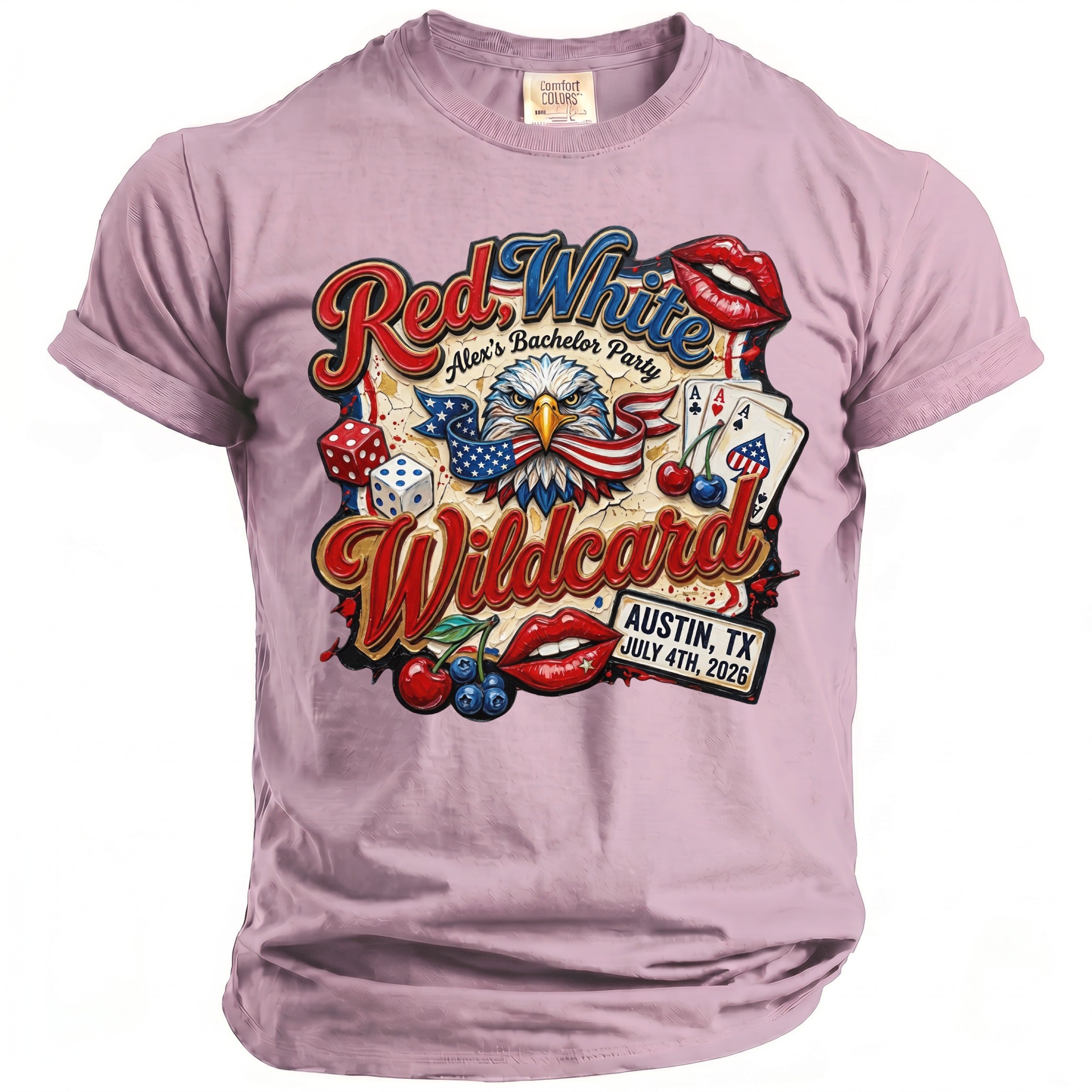 T-shirt with Red White Wildcard design, eagle, dice, cards, and lips.