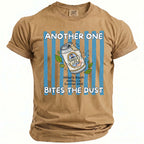 T-shirt with "ANOTHER ONE BITES THE DUST" and a beer can graphic.