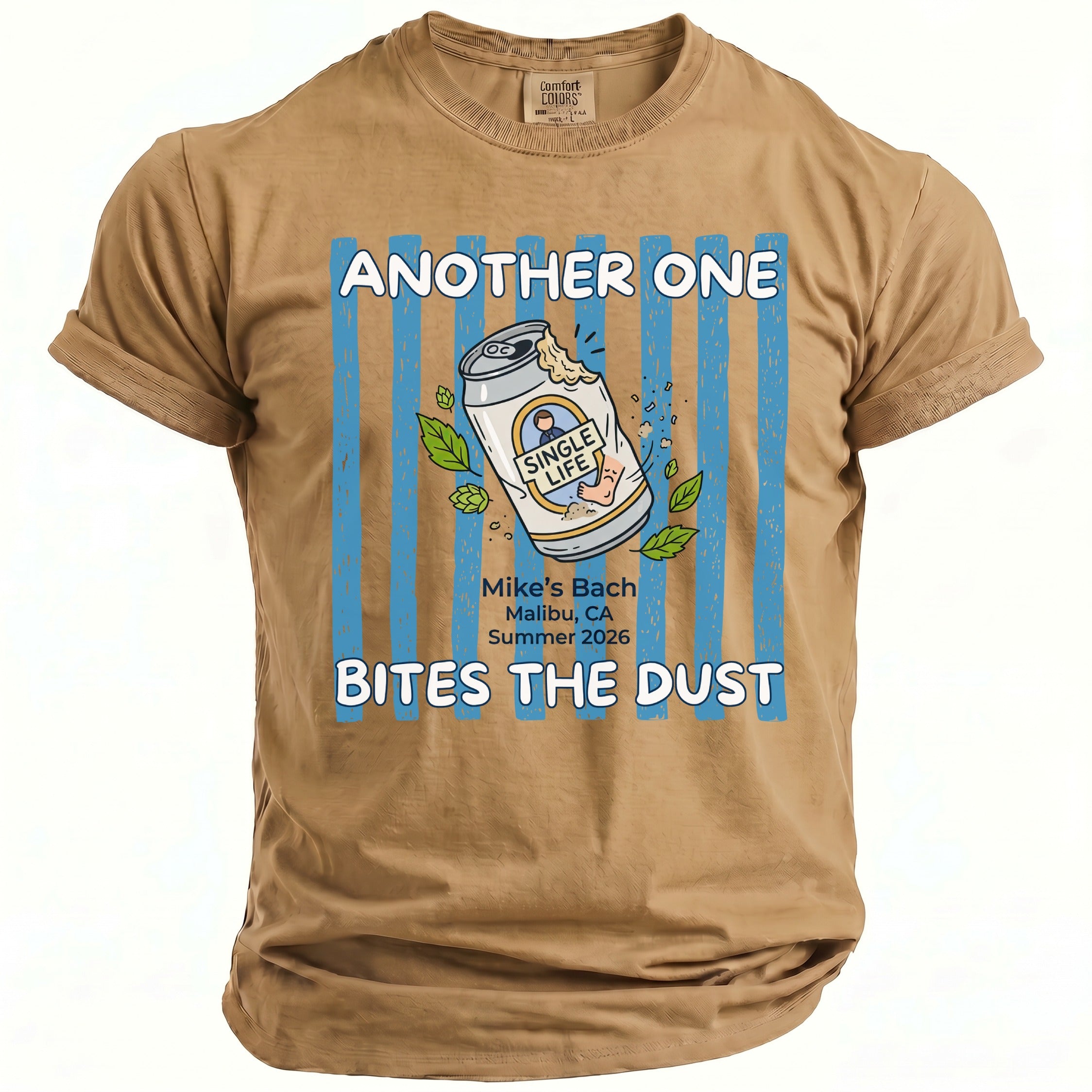 T-shirt with "ANOTHER ONE BITES THE DUST" and a beer can graphic.