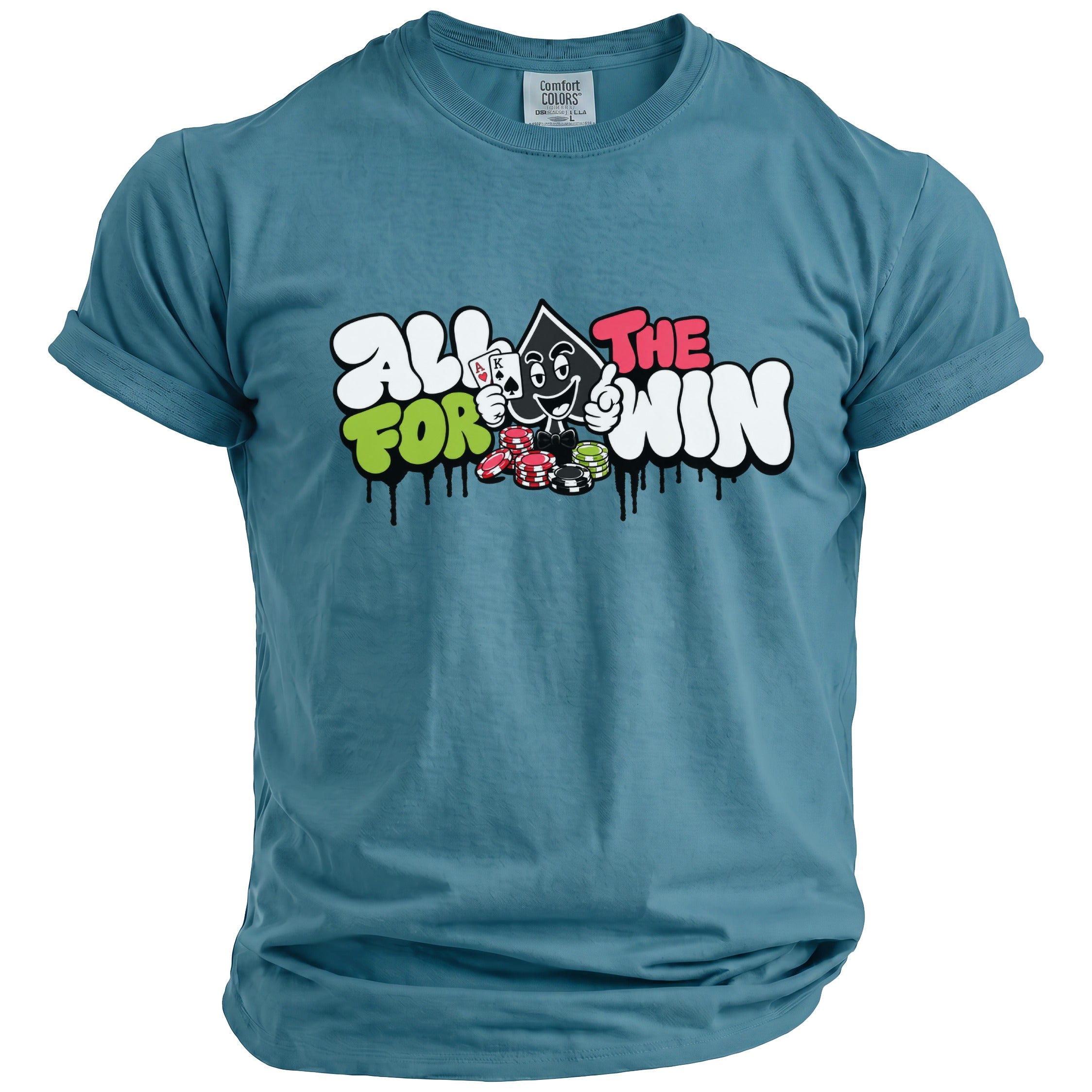 Teal t-shirt with "ALL FOR THE WIN" graphic featuring cartoon playing cards and poker chips.