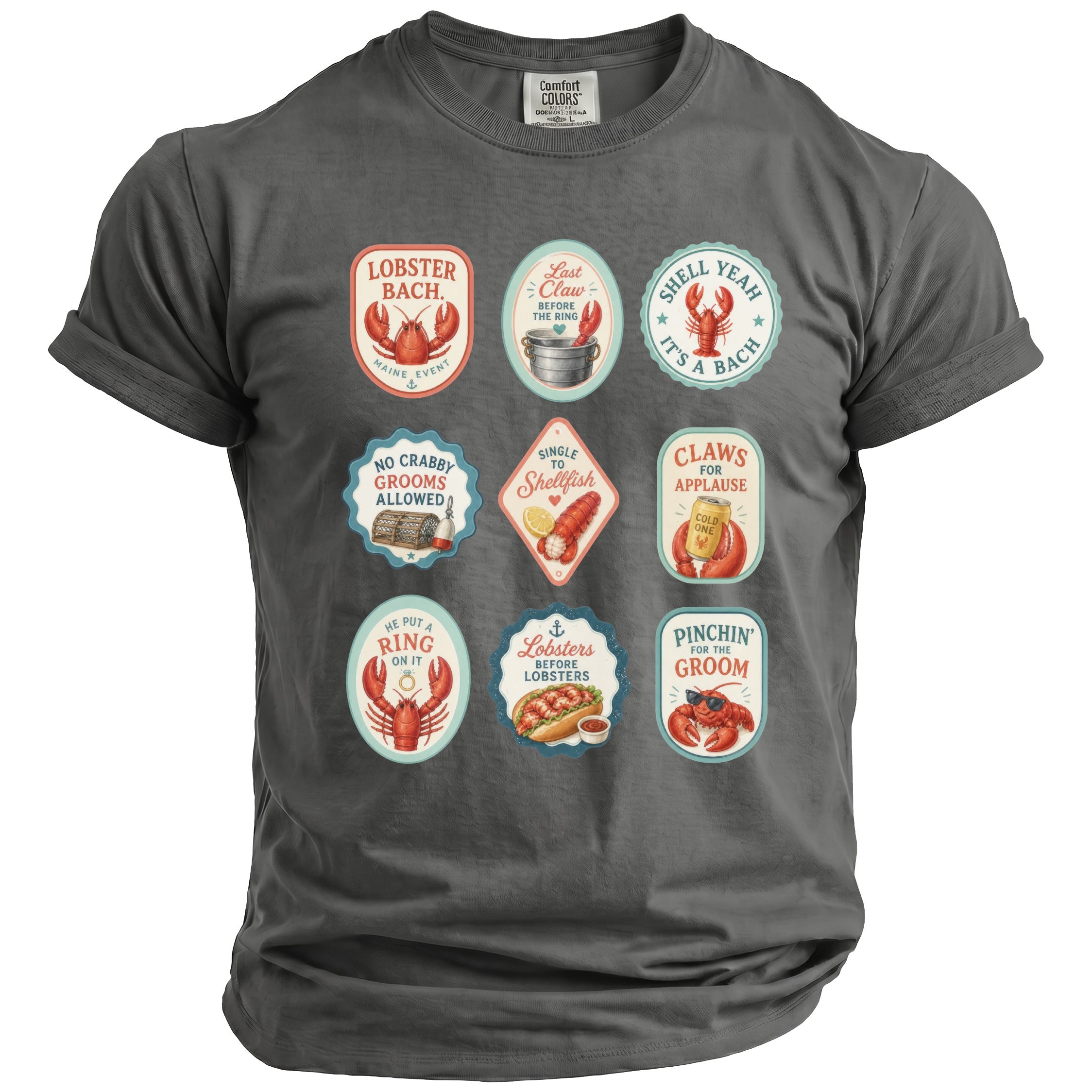 Gray t-shirt with nine oval graphics featuring lobsters and humorous text.