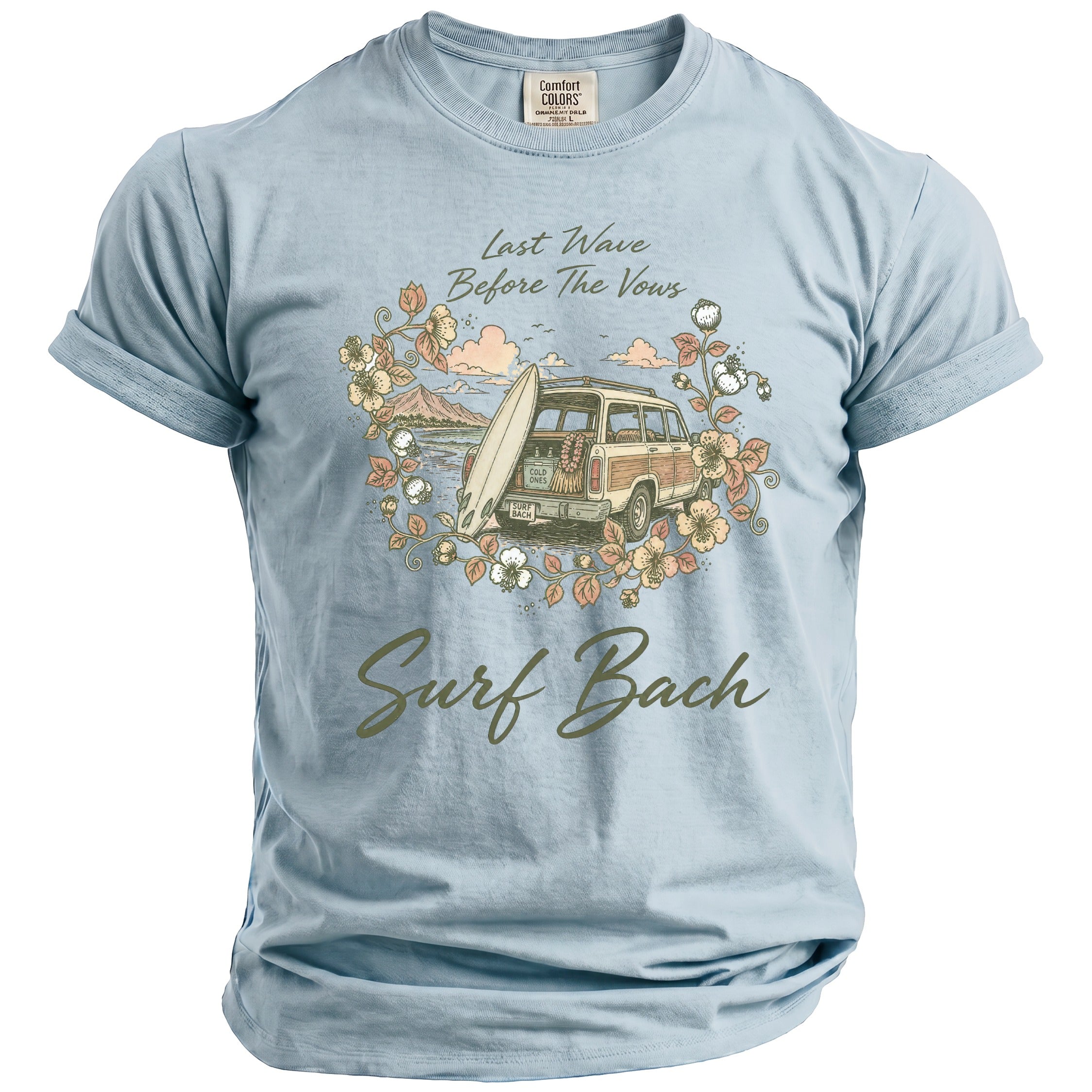 Light blue t-shirt with "Last Wave Before The Vows" and surf scene graphic.
