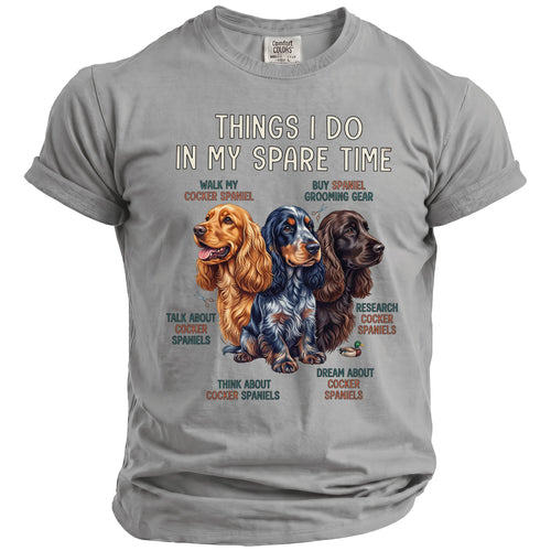 Grey t-shirt featuring three Cocker Spaniels and text about spare time activities.