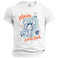 White t-shirt with graphic of a lobster holding a beer, "Maine" text, and postage stamps.