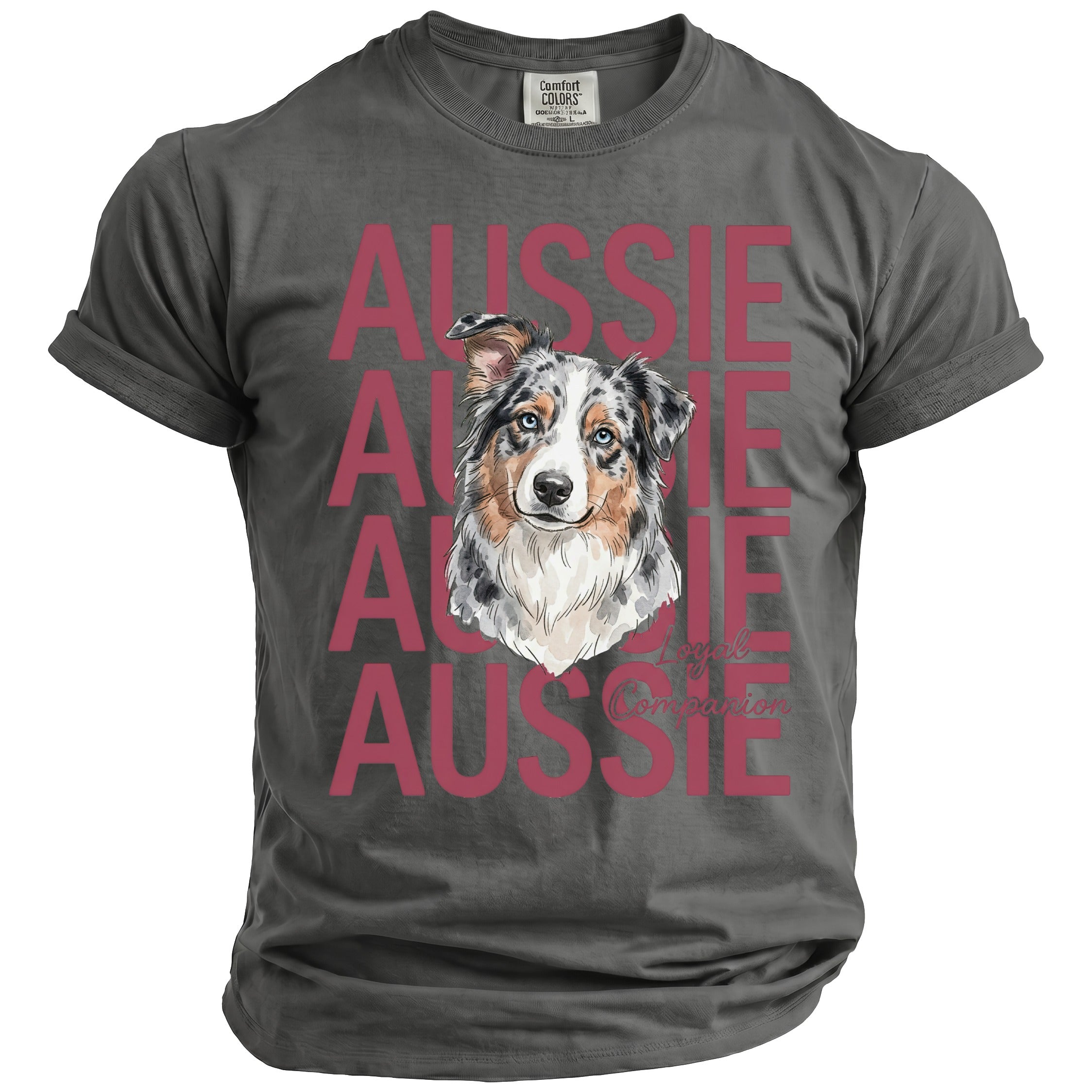 Gray t-shirt with watercolor Australian Shepherd portrait and "Loyal Companion" text.