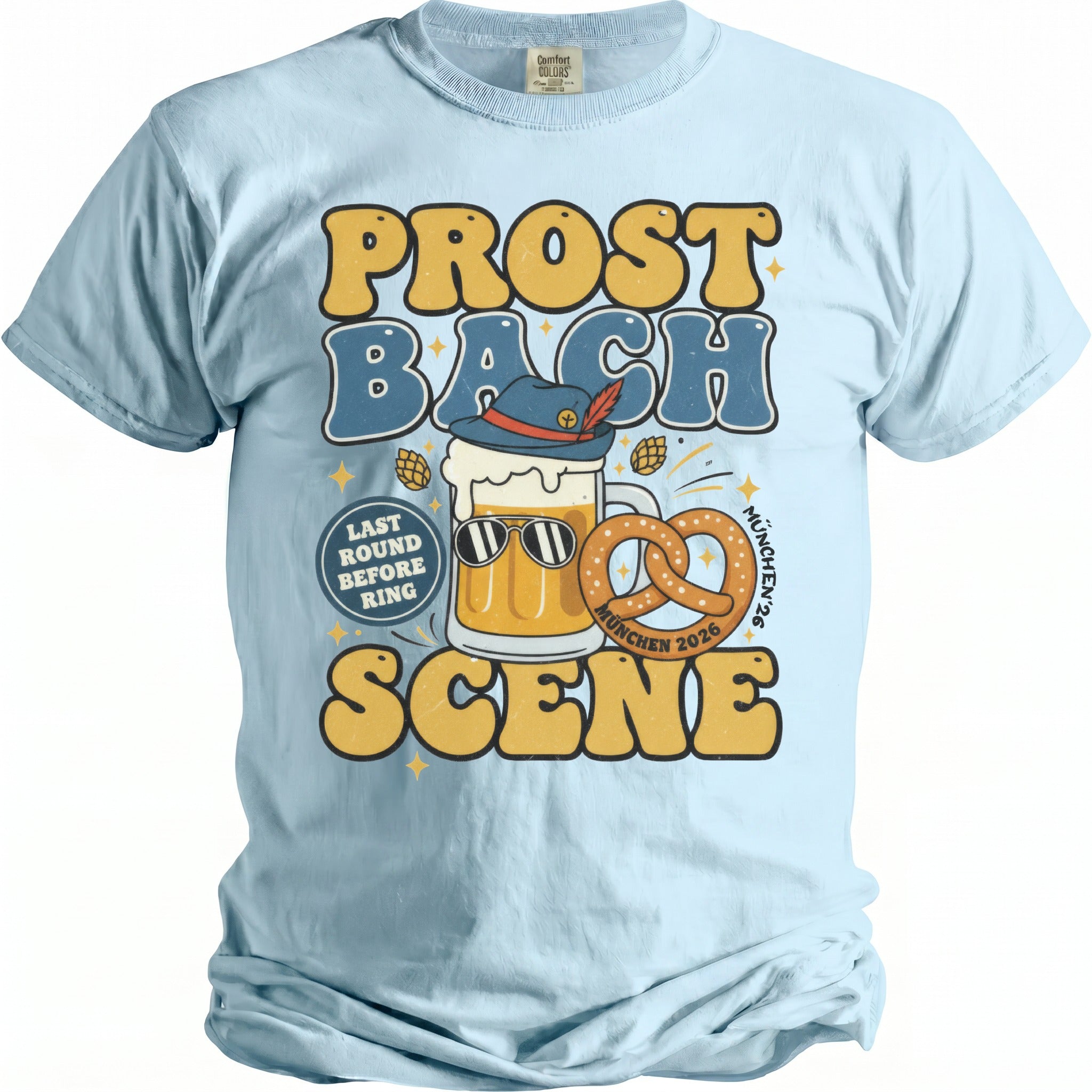 Prost Bach Scene t-shirt with beer mug, pretzel, hat, and text.