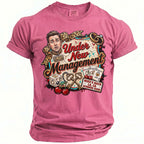 Pink t-shirt with "Under New Management" graphic, Mike's Bach La, Ca Summer 2026.