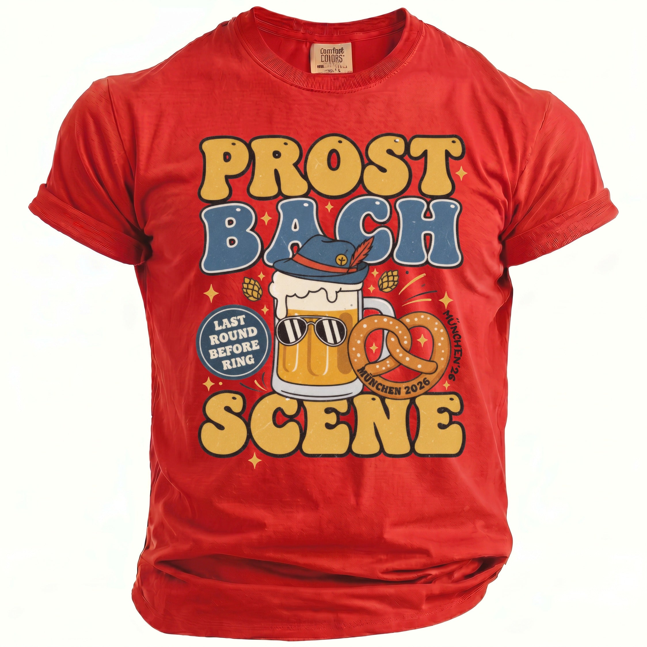 Red t-shirt with "Prost Bach Scene" text, beer, pretzel and text "Munchen 2026".