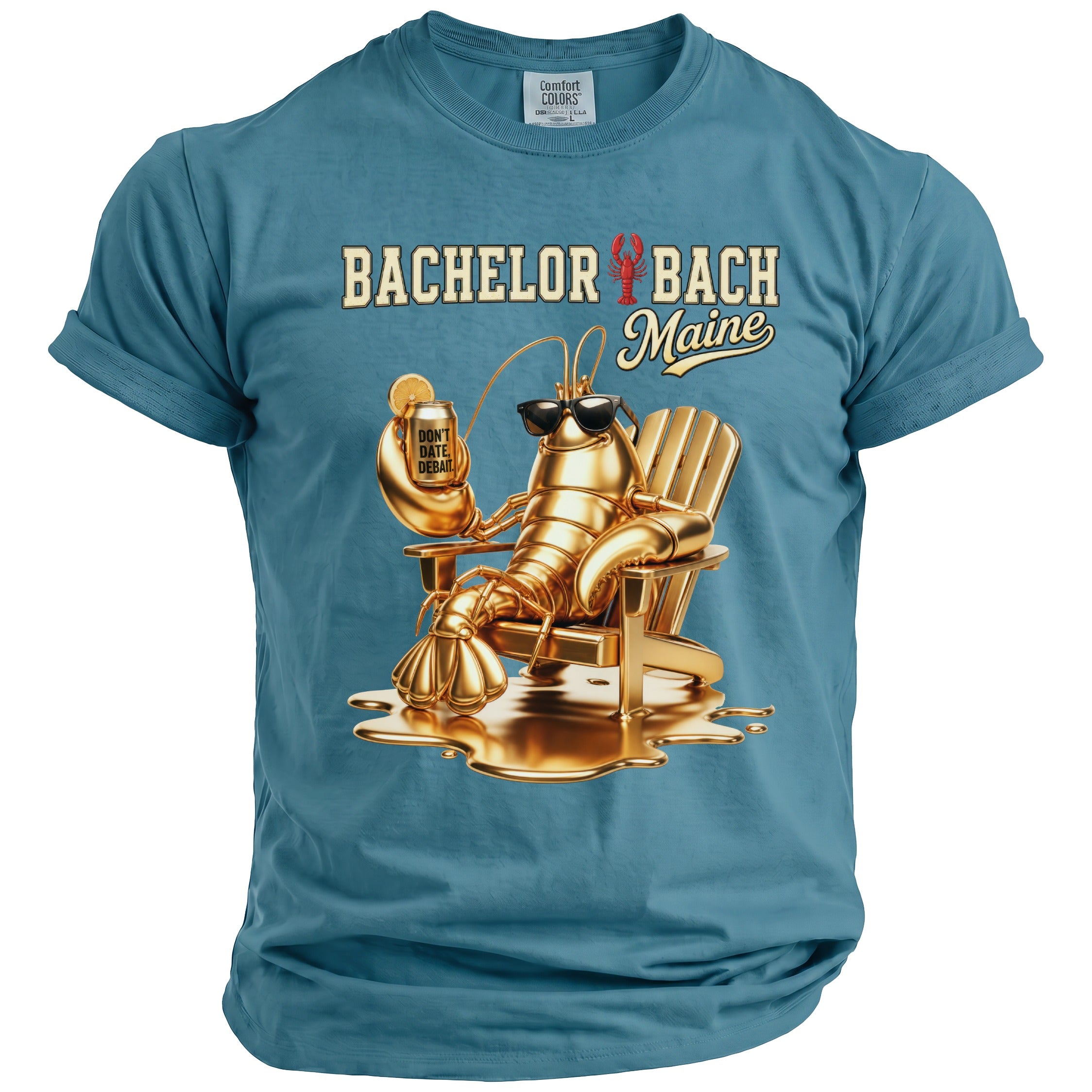 Gold lobster in Adirondack chair with drink, text "Bachelor Bach Maine".