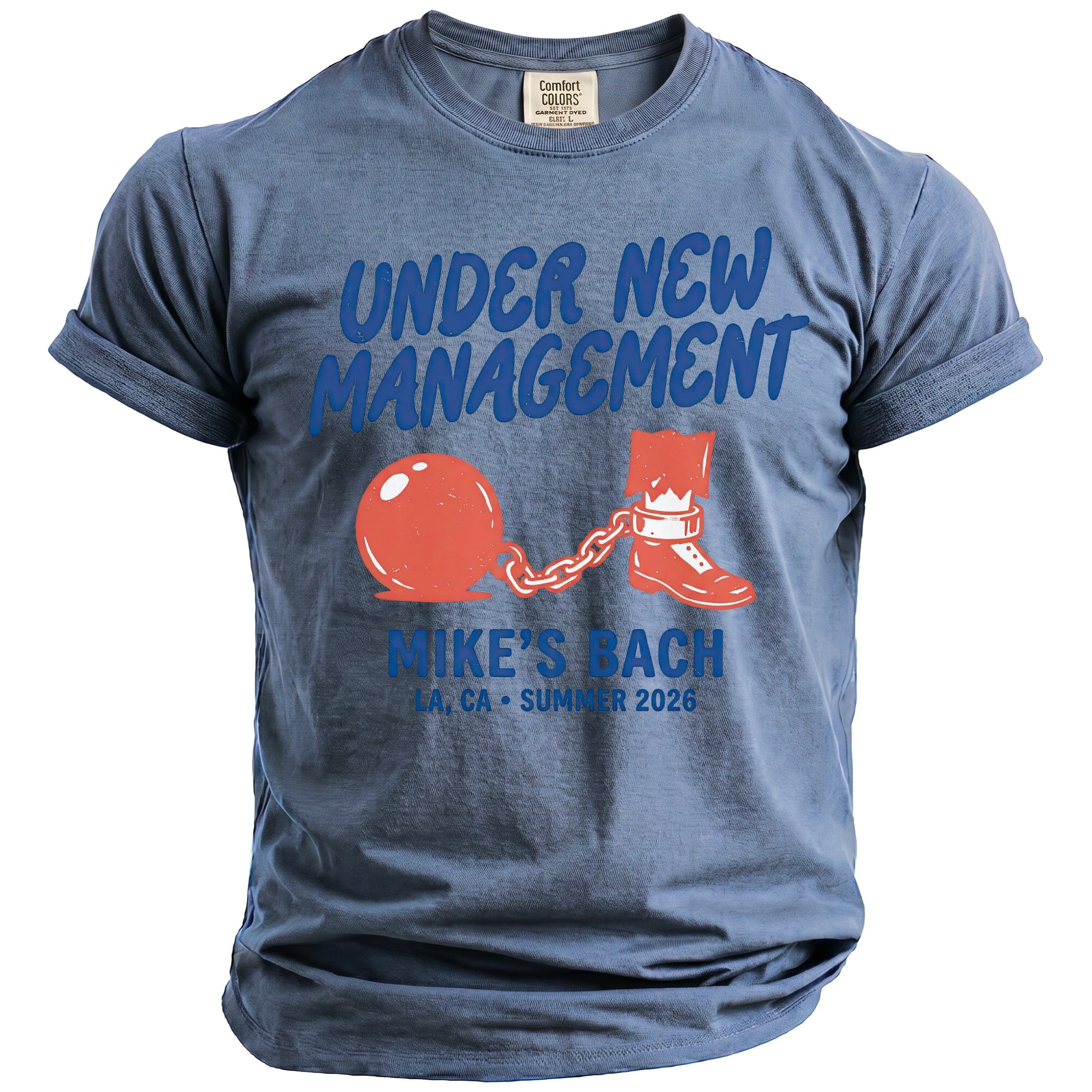 Blue t-shirt with "Under New Management" and ball and chain graphic.
