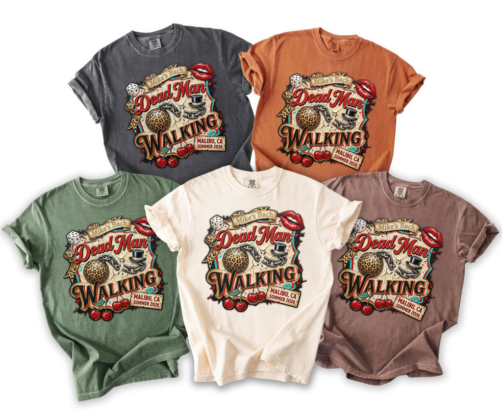 Five t-shirts in different colors feature "Mike's Bach Dead Man Walking" graphic.
