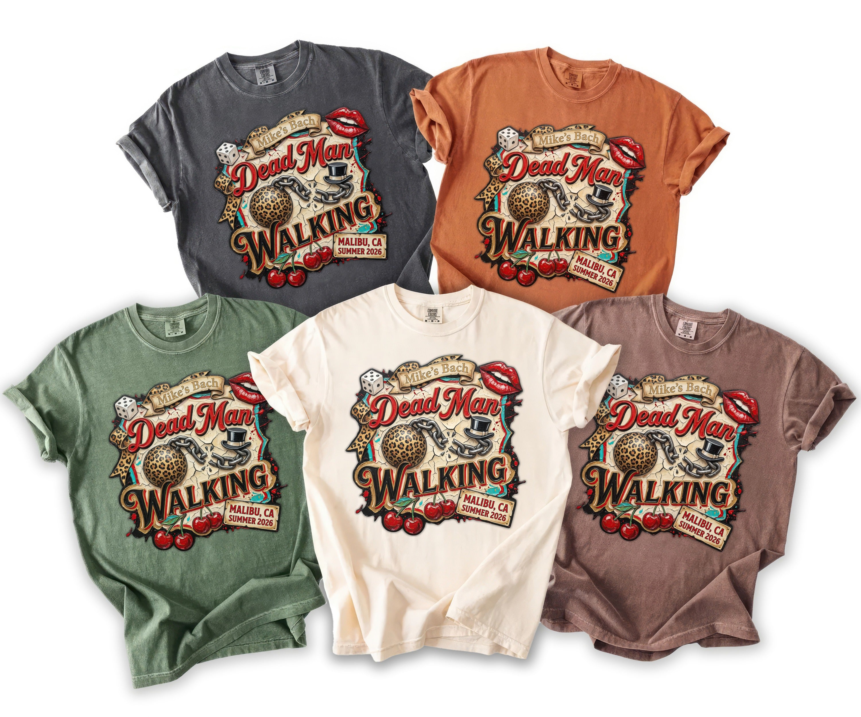 Five t-shirts in different colors feature "Mike's Bach Dead Man Walking" graphic.