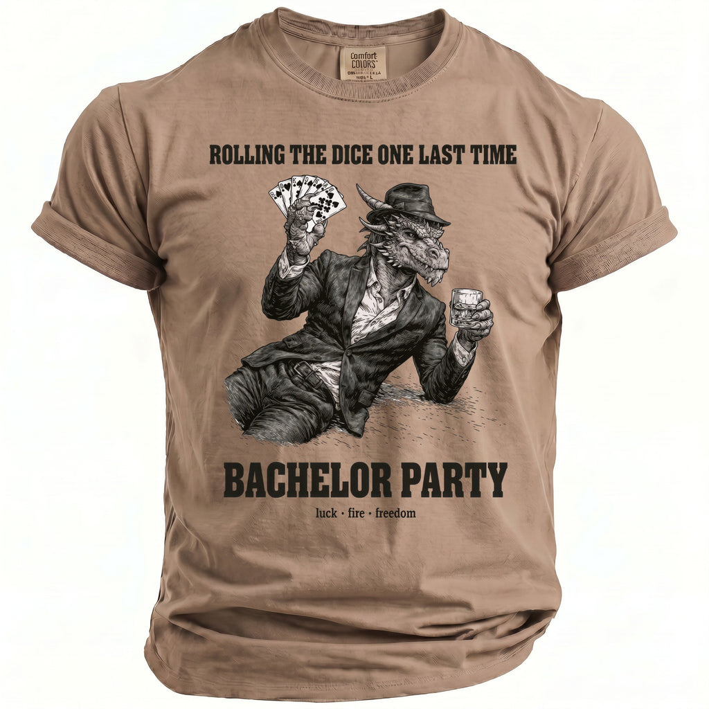 Brown t-shirt with a dragon in a suit holding cards and a drink.