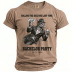 Brown t-shirt with a dragon in a suit holding cards and a drink.