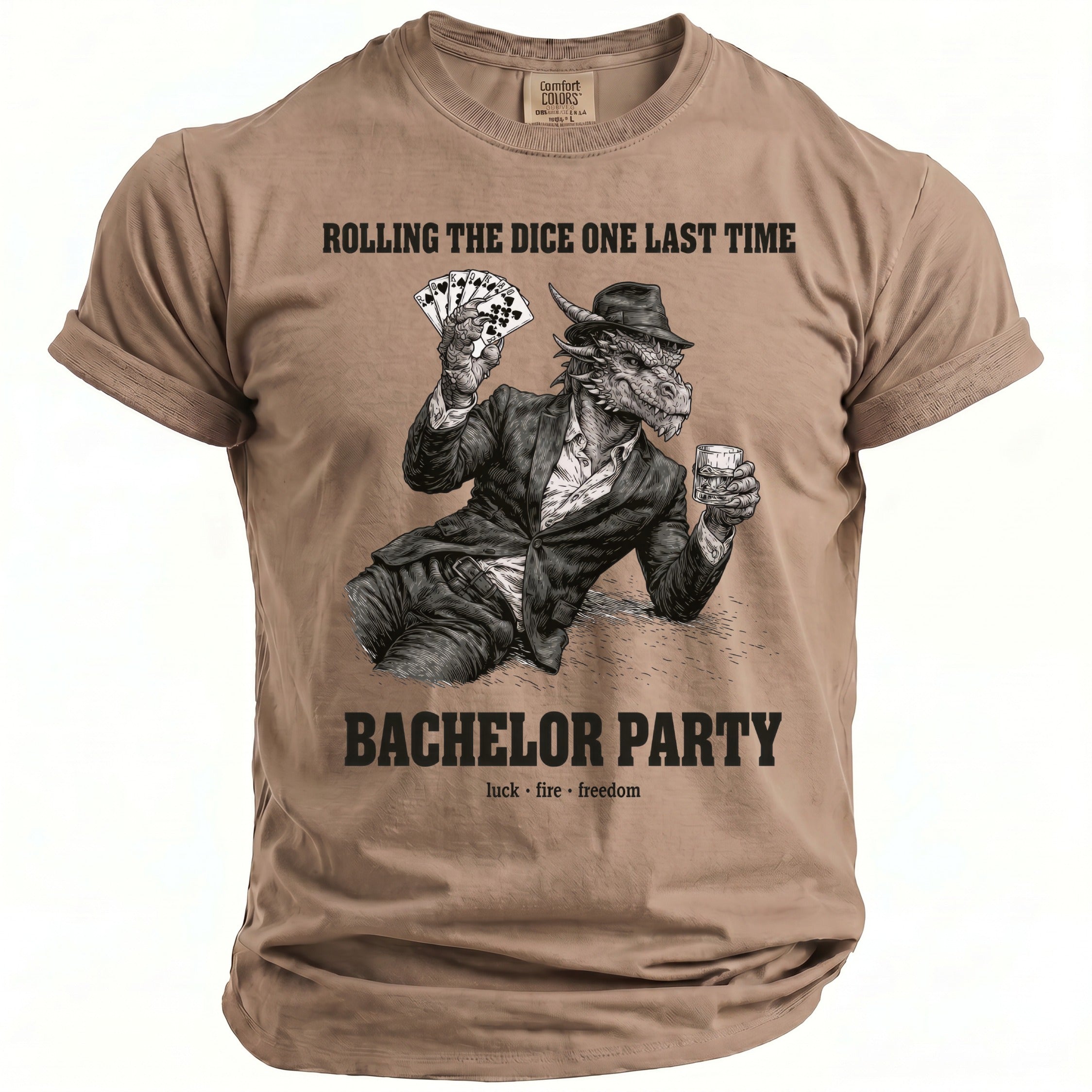 Brown t-shirt with a dragon in a suit holding cards and a drink.