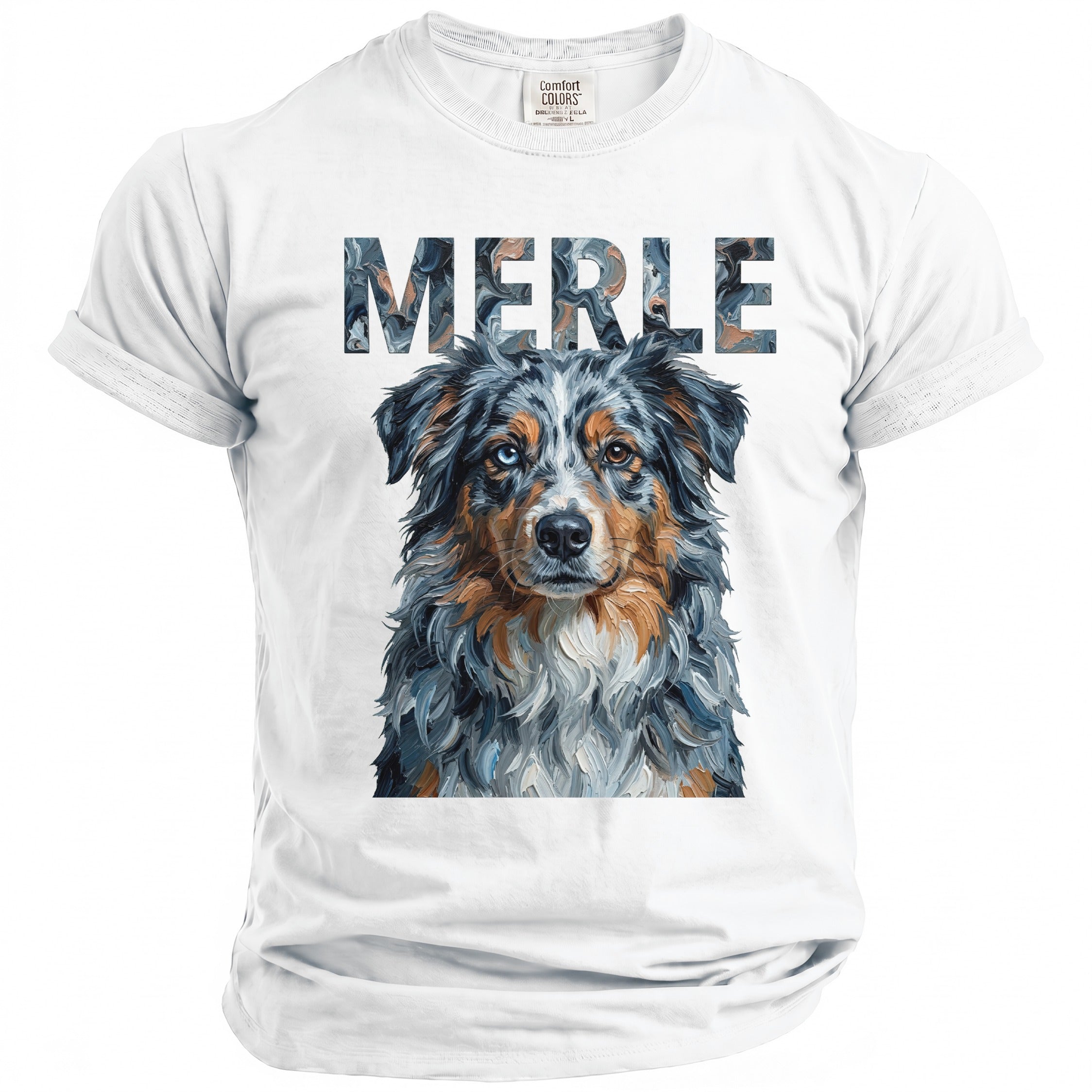 White t-shirt with a textured painting of a merle Australian Shepherd dog.