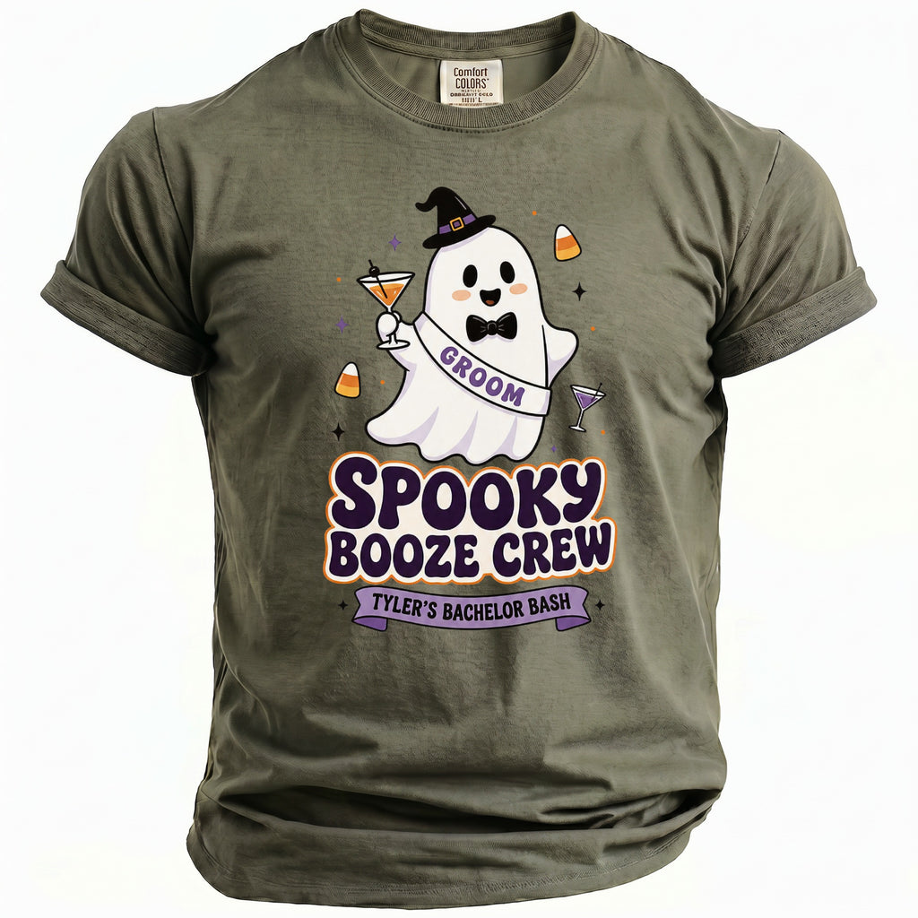 Green t-shirt with ghost graphic: "Spooky Booze Crew." Text: "Groom", "Tyler's Bachelor Bash."