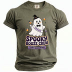 Green t-shirt with ghost graphic: "Spooky Booze Crew." Text: "Groom", "Tyler's Bachelor Bash."