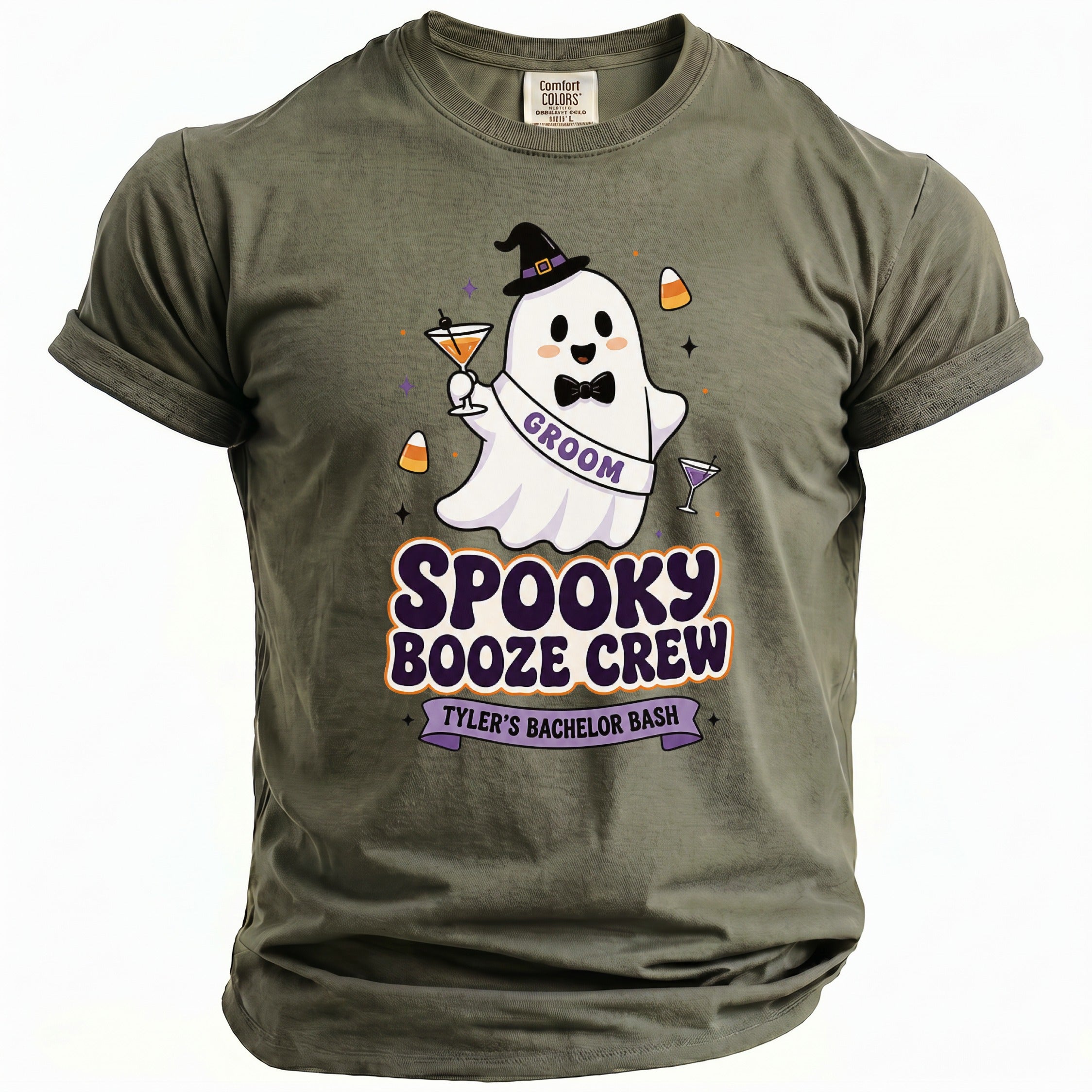 Green t-shirt with ghost graphic: "Spooky Booze Crew." Text: "Groom", "Tyler's Bachelor Bash."