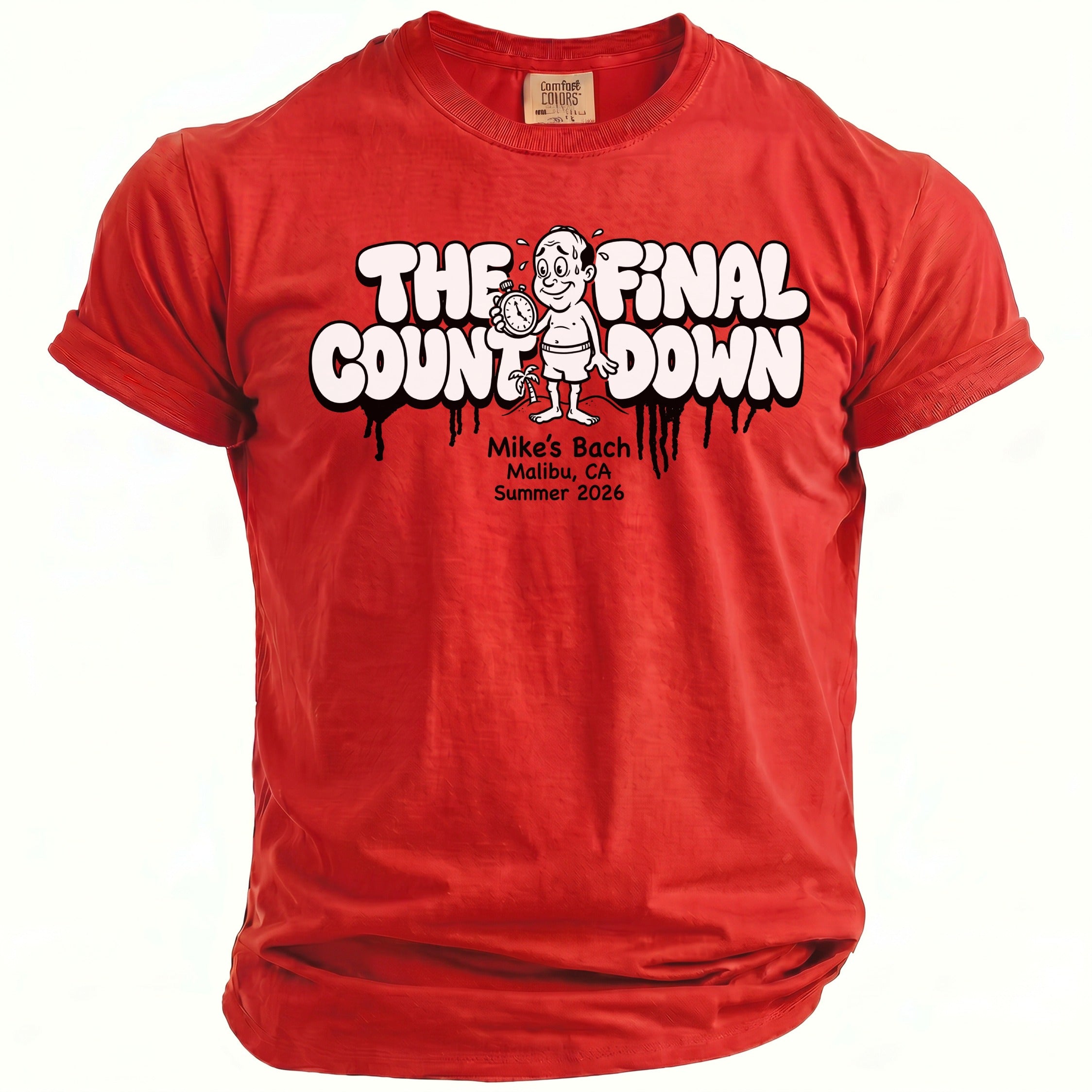 Red shirt with cartoon man, stopwatch, and text for Mike's Bach in Malibu.