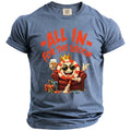 Blue t-shirt with cartoon gambling chip holding whiskey, wearing crown and sunglasses.