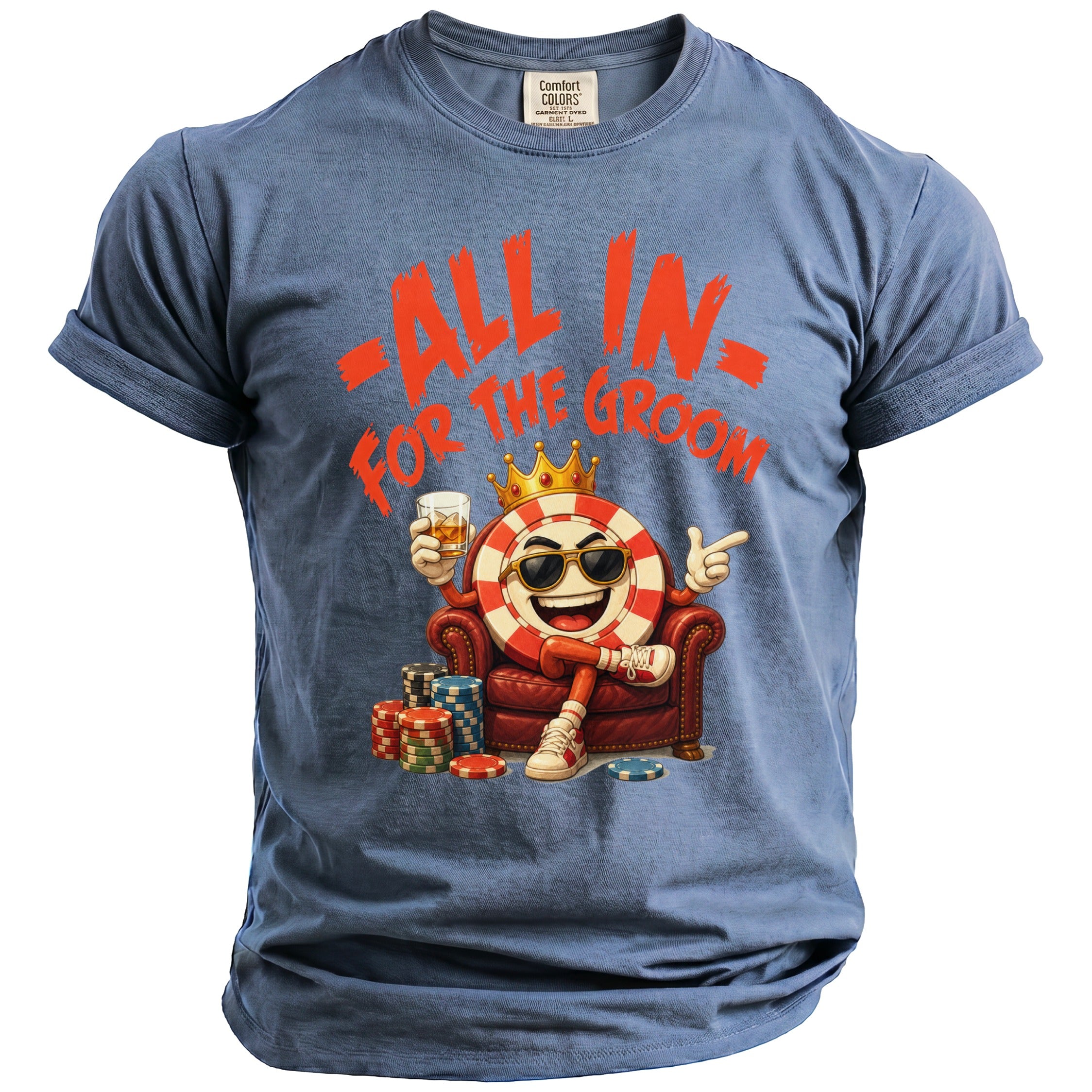 Blue t-shirt with cartoon gambling chip holding whiskey, wearing crown and sunglasses.