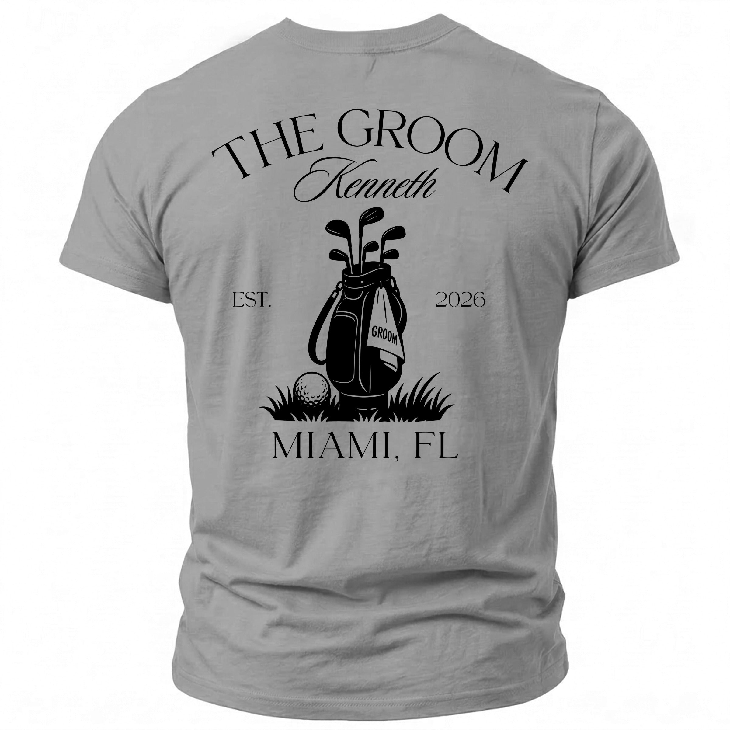 The groom Kenneth, Est. 2026, Miami, FL custom t-shirt with golf bag and clubs.