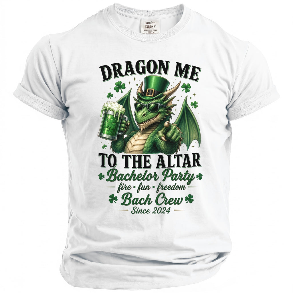 White t-shirt with a green dragon holding a beer, captioned "Dragon Me to the Altar Bach Crew Since 2024".