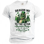 White t-shirt with a green dragon holding a beer, captioned "Dragon Me to the Altar Bach Crew Since 2024".