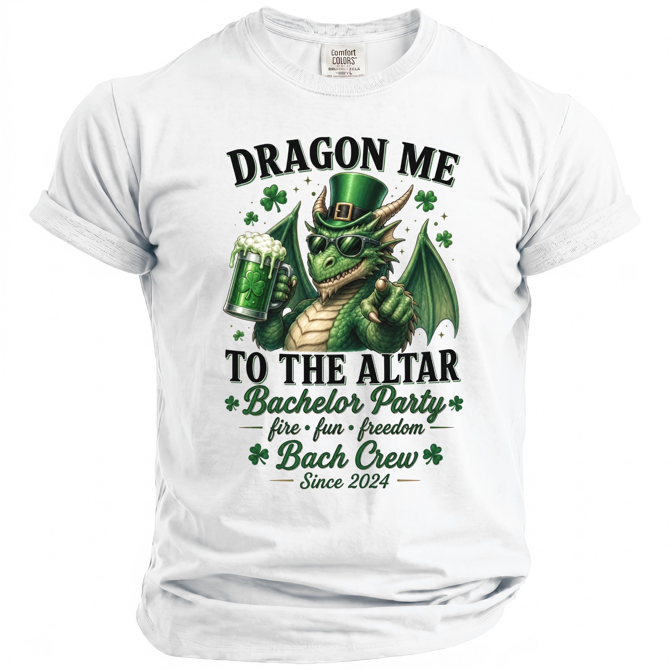 White t-shirt with a green dragon holding a beer, captioned "Dragon Me to the Altar Bach Crew Since 2024".