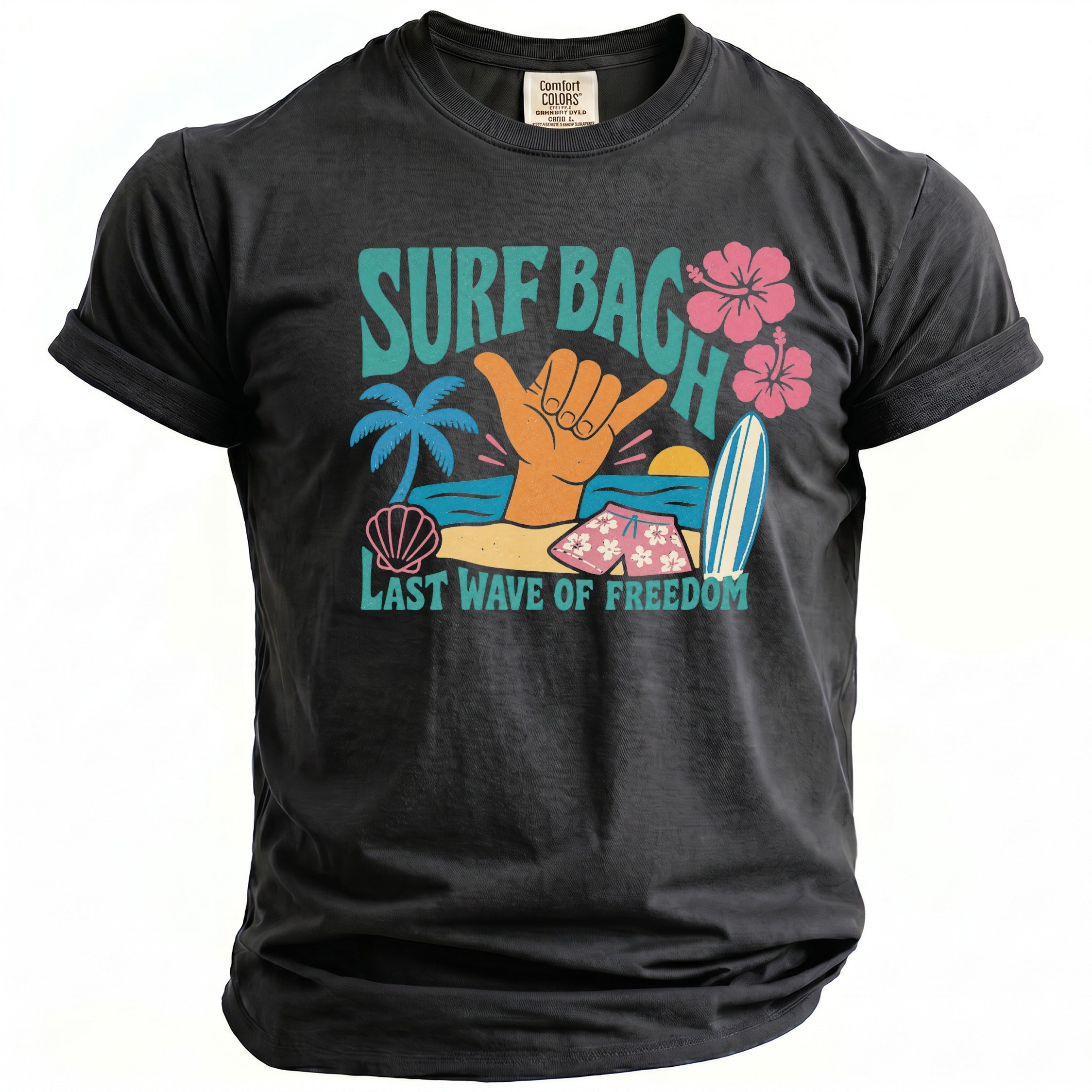 Black t-shirt with "Surf Bag" graphic, beach scene, and "Last Wave of Freedom" text.