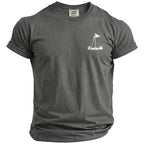 Gray Comfort Colors t-shirt with a white golf flag, golf ball, and clubs graphic.