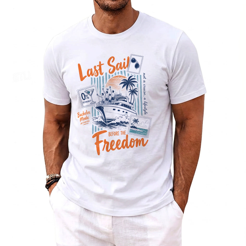White t-shirt graphic with "Last Sail Before the Freedom" text and yacht scene.