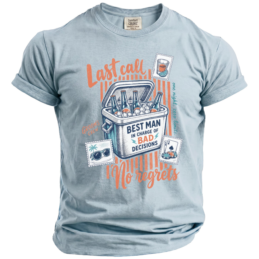 Light blue t-shirt with "Best Man in Charge of Bad Decisions" and beer cooler graphic.