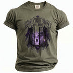 Green t-shirt with ornate gate, fog, and figure. "Some Curses Follow You Home" text.