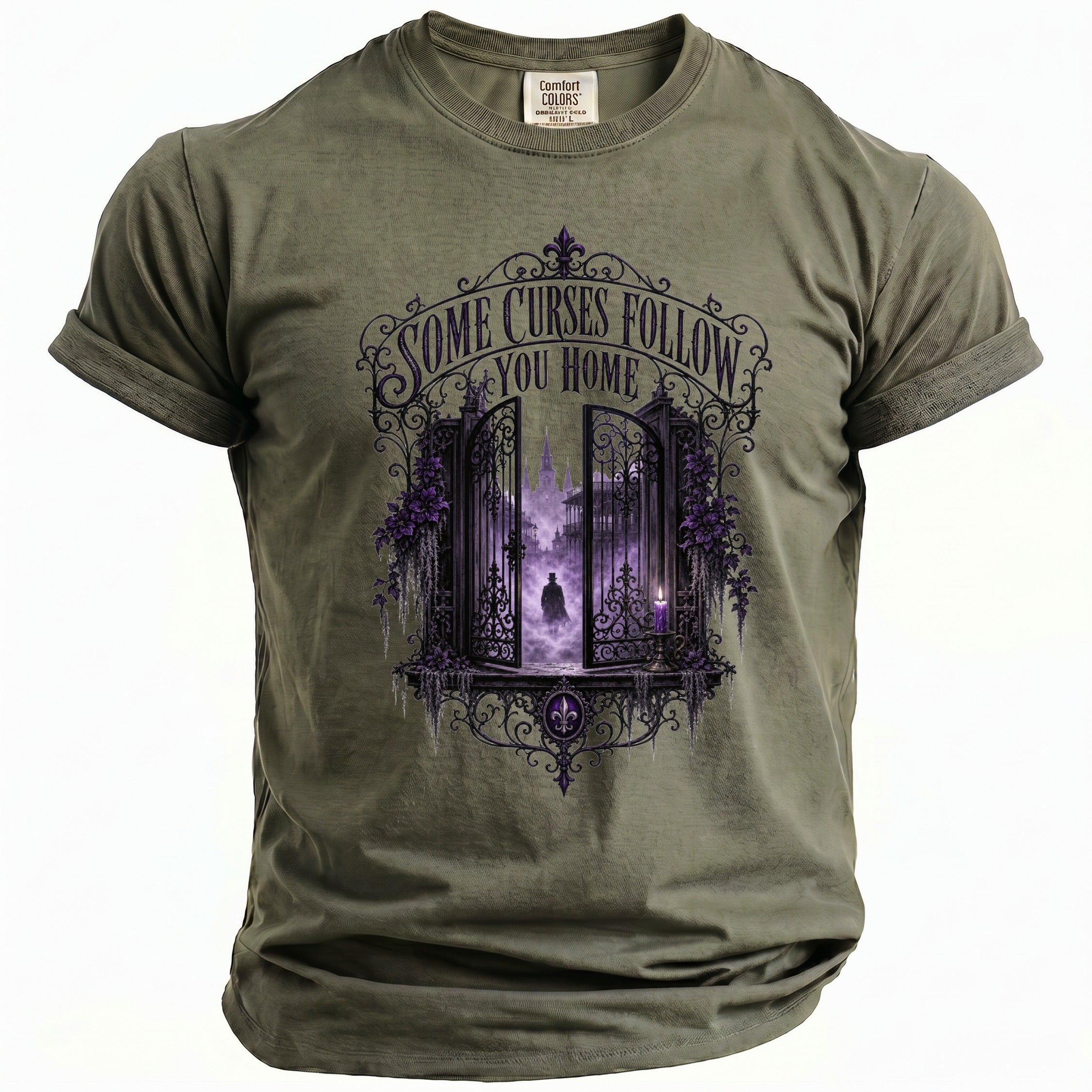 Green t-shirt with ornate gate, fog, and figure. "Some Curses Follow You Home" text.