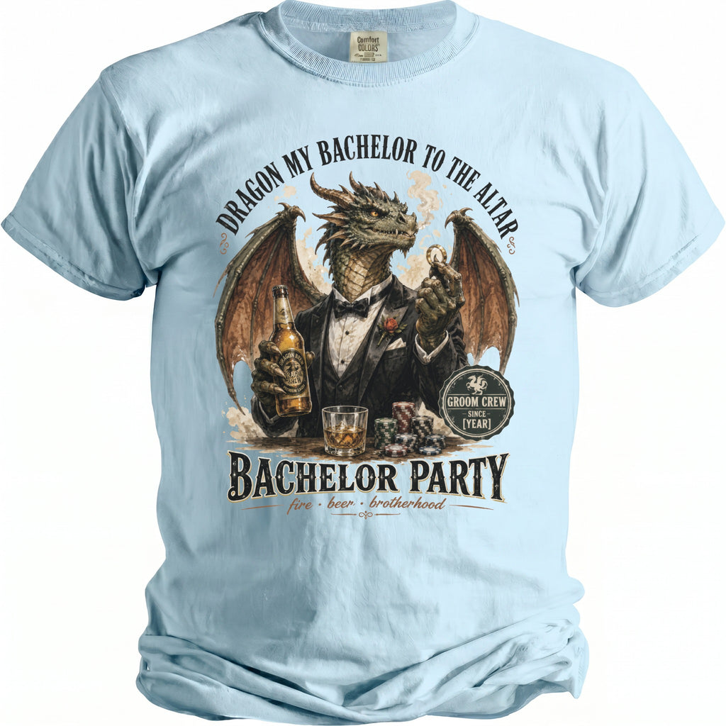 Dragon in a suit holding a beer and ring for Bachelor Party.