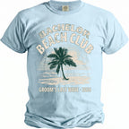 Light blue t-shirt with "Bachelor Beach Club Groom's Last Wave 2026" graphic.