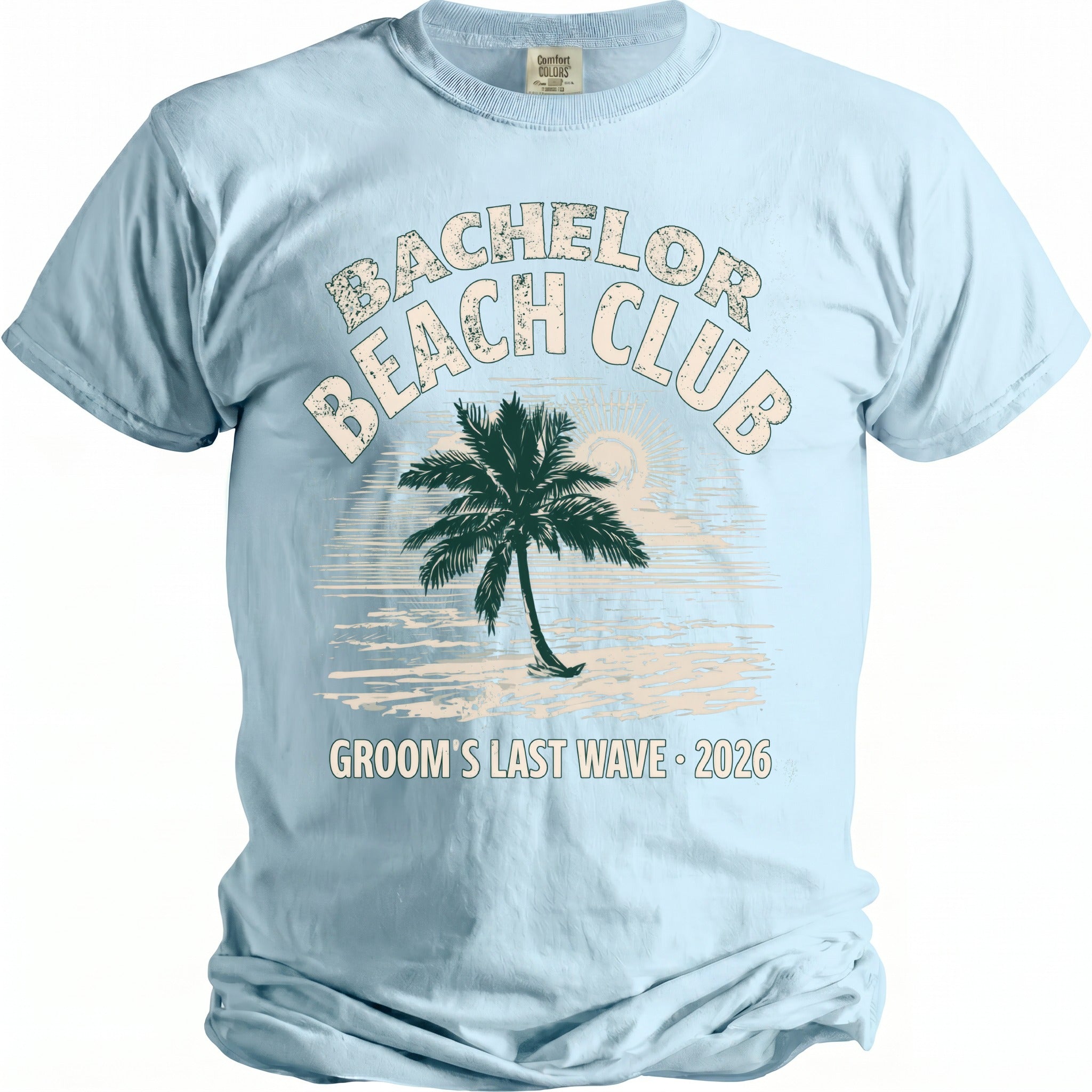 Light blue t-shirt with "Bachelor Beach Club Groom's Last Wave 2026" graphic.