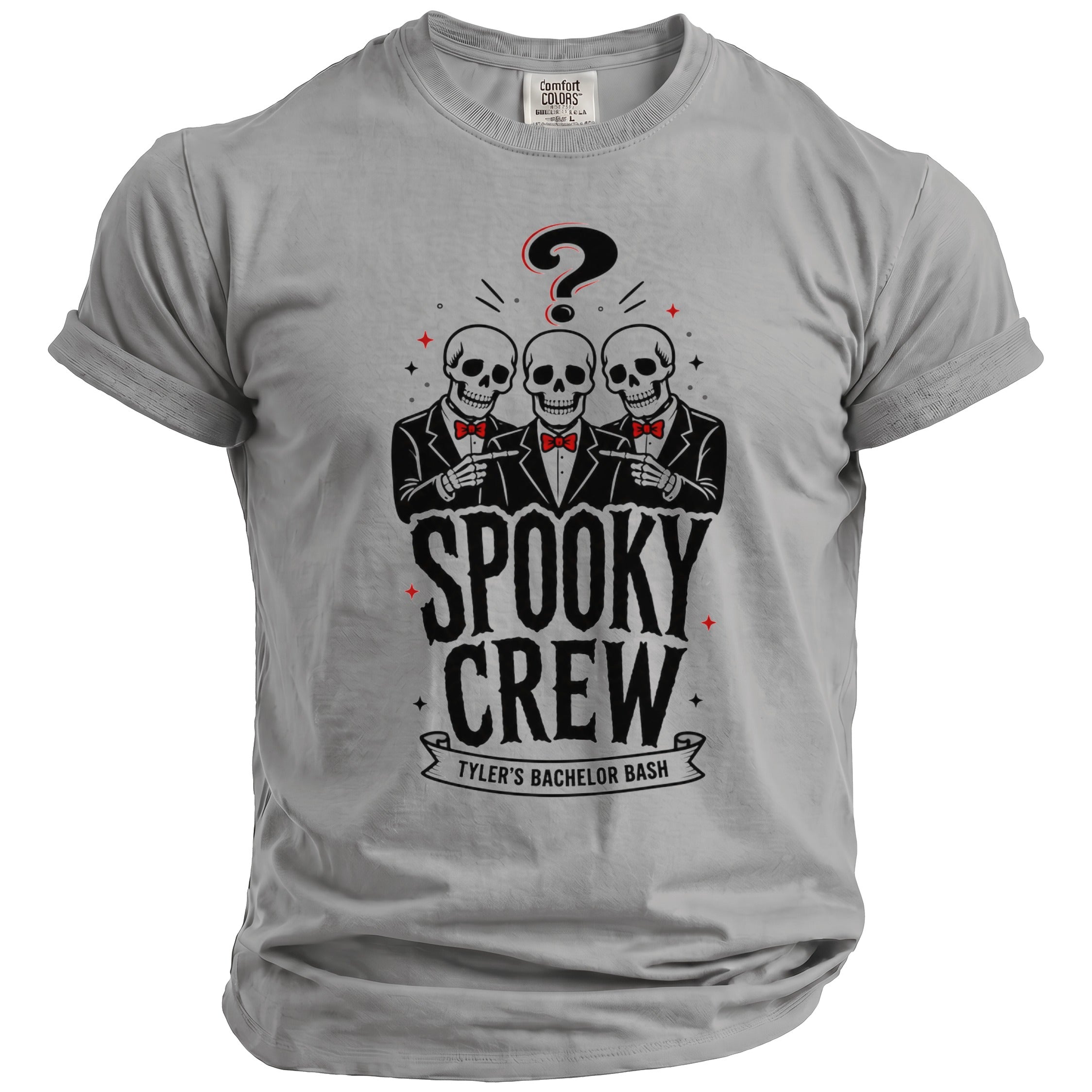 Grey t-shirt with graphic of three skeletons pointing, "Spooky Crew," and "Tyler's Bachelor Bash."