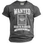 Faded t-shirt with "WANTED DEAD OR MARRIED" text and photo placeholder.