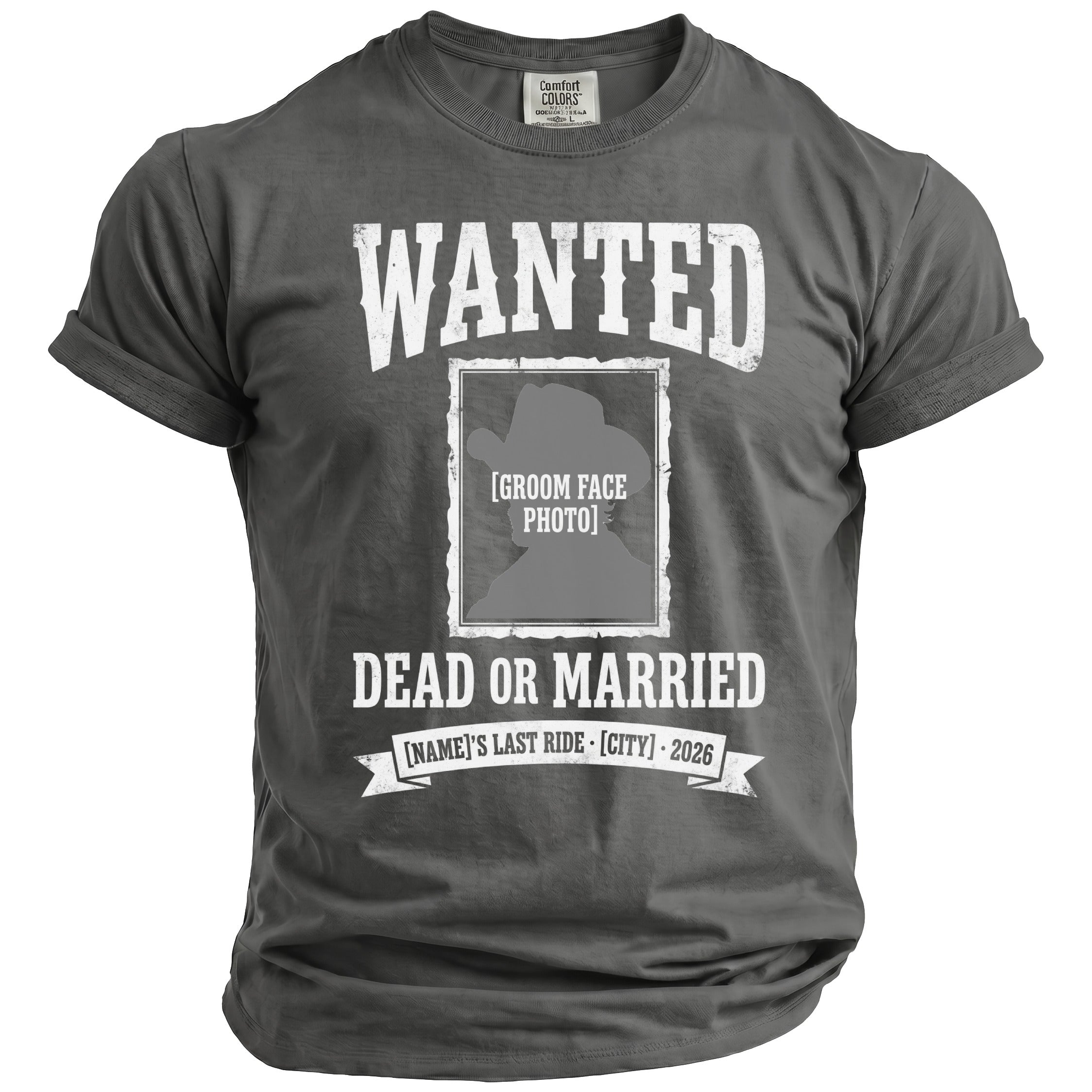 Faded t-shirt with "WANTED DEAD OR MARRIED" text and photo placeholder.
