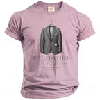 Pink t-shirt with "Gentleman Groom" graphic of a suit, pocket watch, and text.