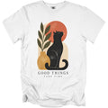 Black cat sitting next to plant with text "GOOD THINGS TAKE TIME".
