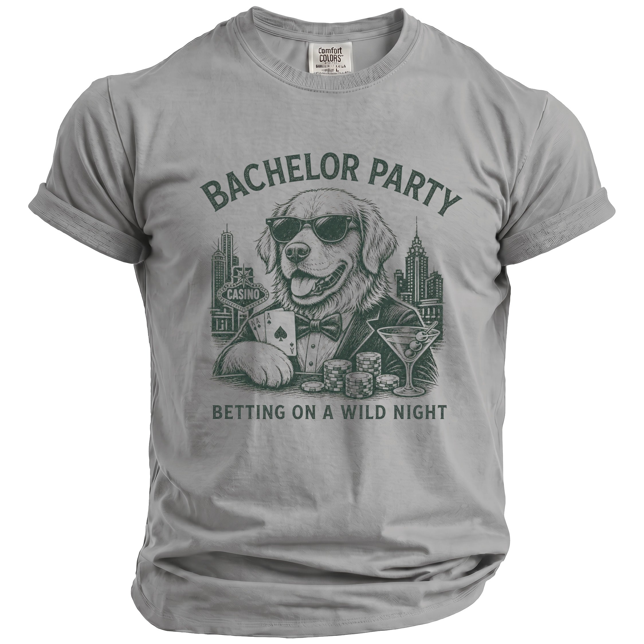T-shirt graphic of a dog at a casino holding cards with text "BACHELOR PARTY".