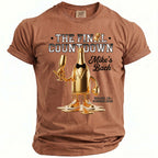 Brown t-shirt with "The Final Countdown" and a gold bottle illustration for Mike's Bach.