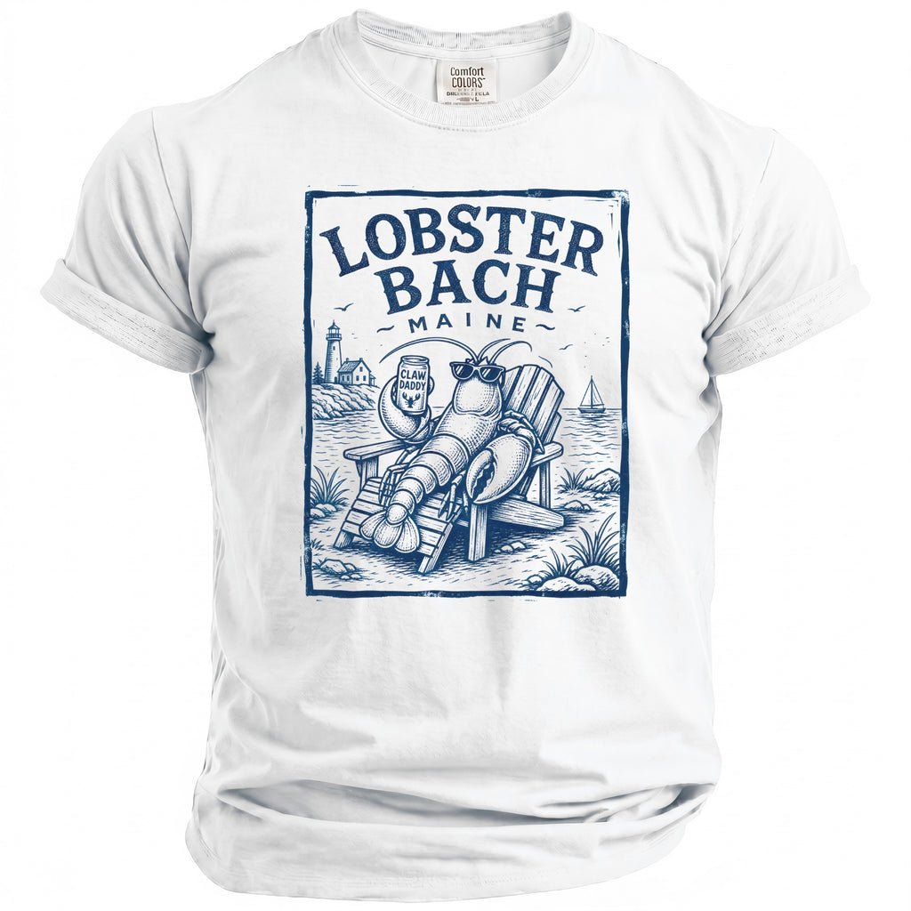White t-shirt with "Lobster Bach ~ Maine ~" graphic of lobster on beach chair with drink.